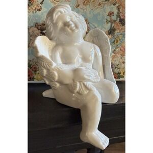 VTG Porcelain Cherub Shelf Sitter, Guardian Angle Wings Detail Whimsy Celestial